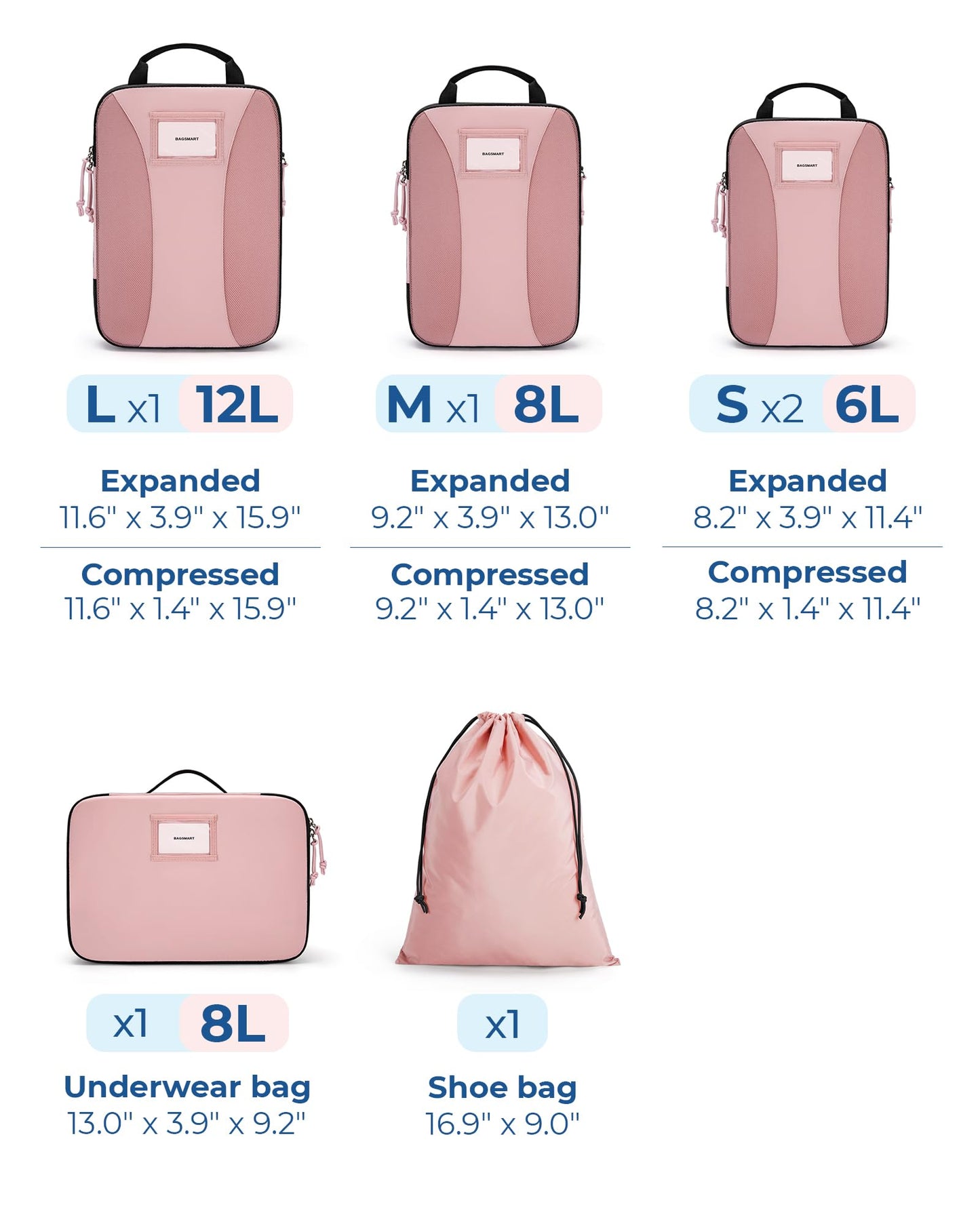 BAGSMART Compression Packing Cubes, 6 PCS Packing Cubes for Suitcases, Travel Bags Organizer for Luggage, Lightweight Packing Cube for Travel Essentials, Pink