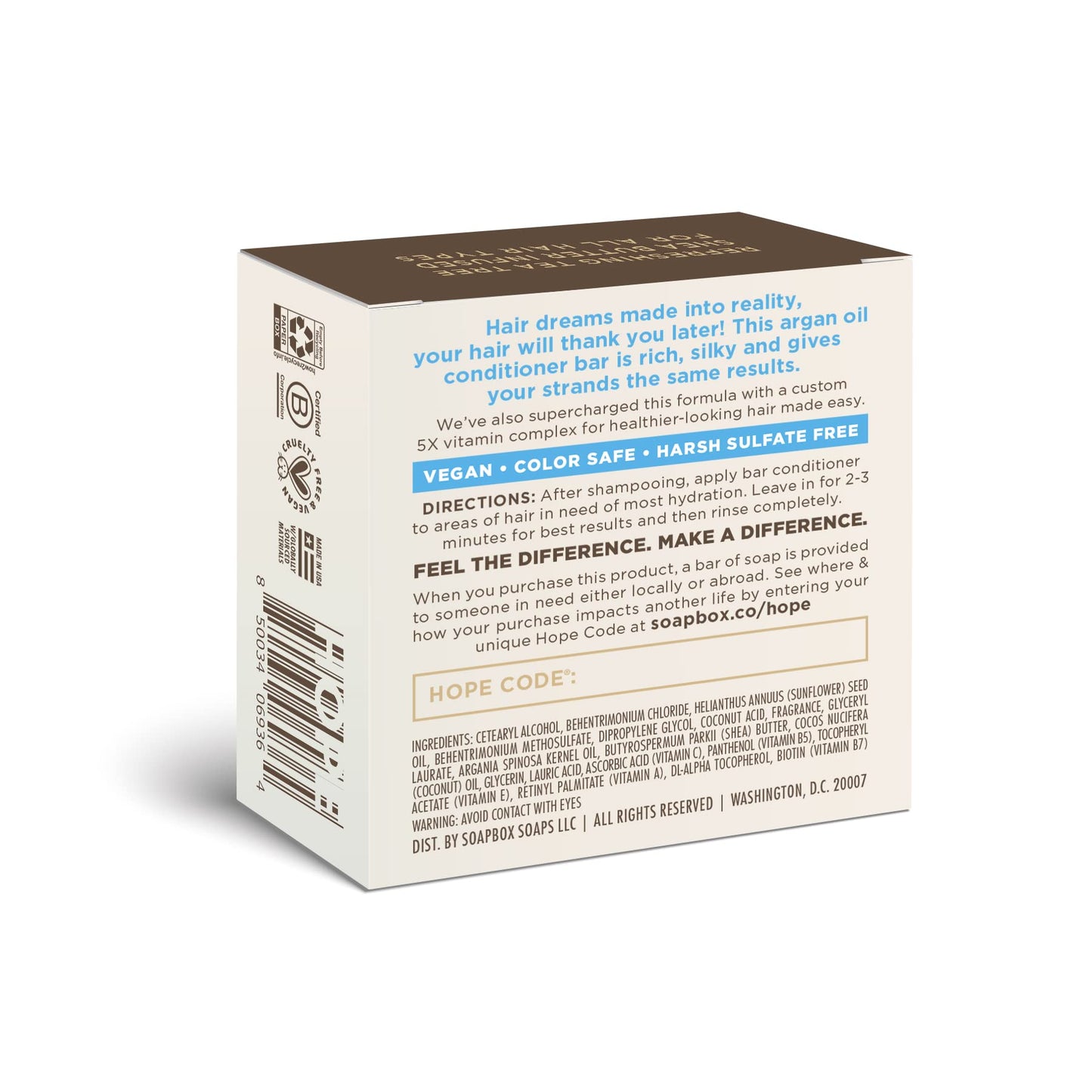 Soapbox Hair Conditioner Bar with Argan Oil to Soften Dry, Damaged Hair and Tame Frizz - 2oz Solid Conditioner, Low Plastic, Vegan, Harsh Sulfate Free, Paraben Free