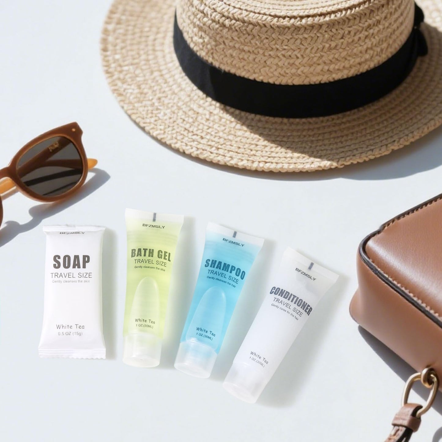 50 Sets Hotel Toiletries Set Bulk, 200 Pcs Travel Mini Bundle Amenities with Shampoo, Conditioner, Body Lotion & Bar Soap - White Tea Scent - Guest Supplies for Airbnb, Motel, Hospitality