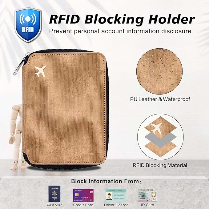 Cnycmy Passport Holder With Airtag, RFID Wallet for Women, Waterproof PU Leather Travel Case With Slot (Brown3)