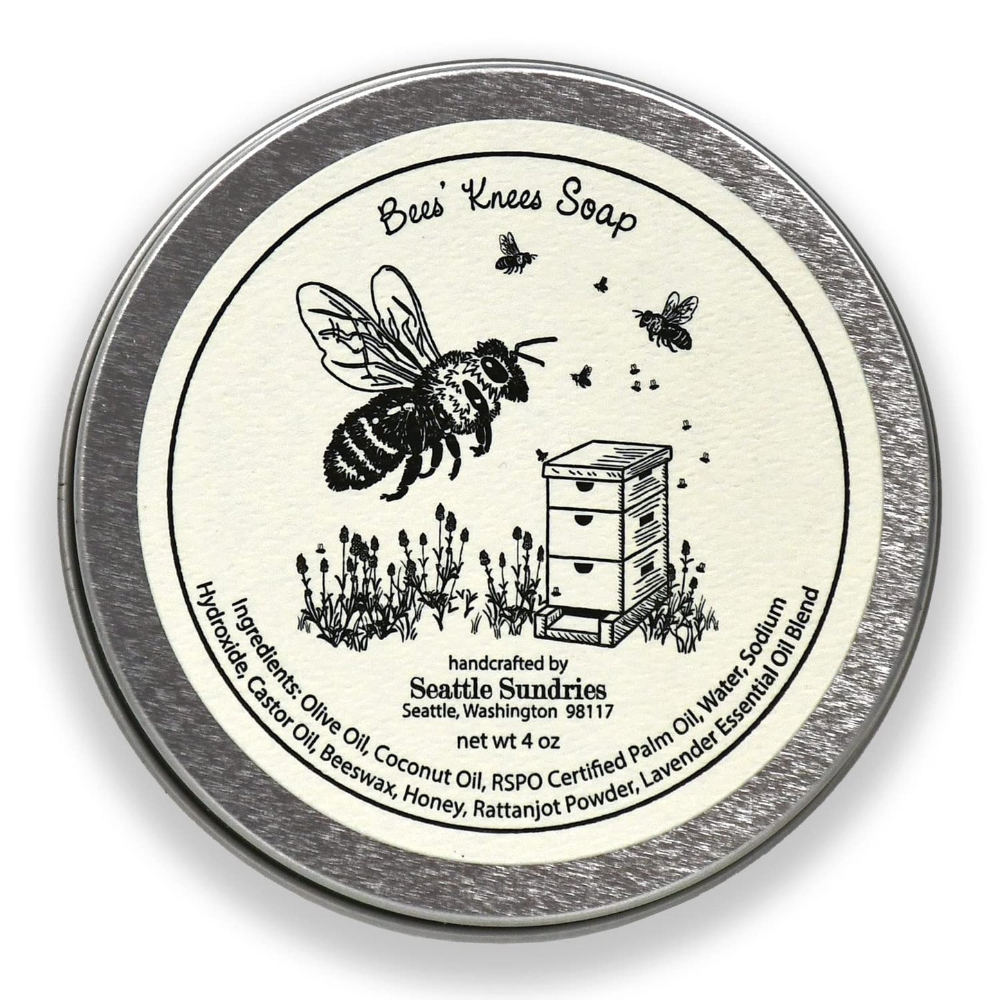 Seattle Sundries Lavender & Honey Soap Bar for Women & Men, 1 (4oz) All Natural Body Bar Soap in a Retro Aesthetic Tin, Fun Bee Themed Gift Idea