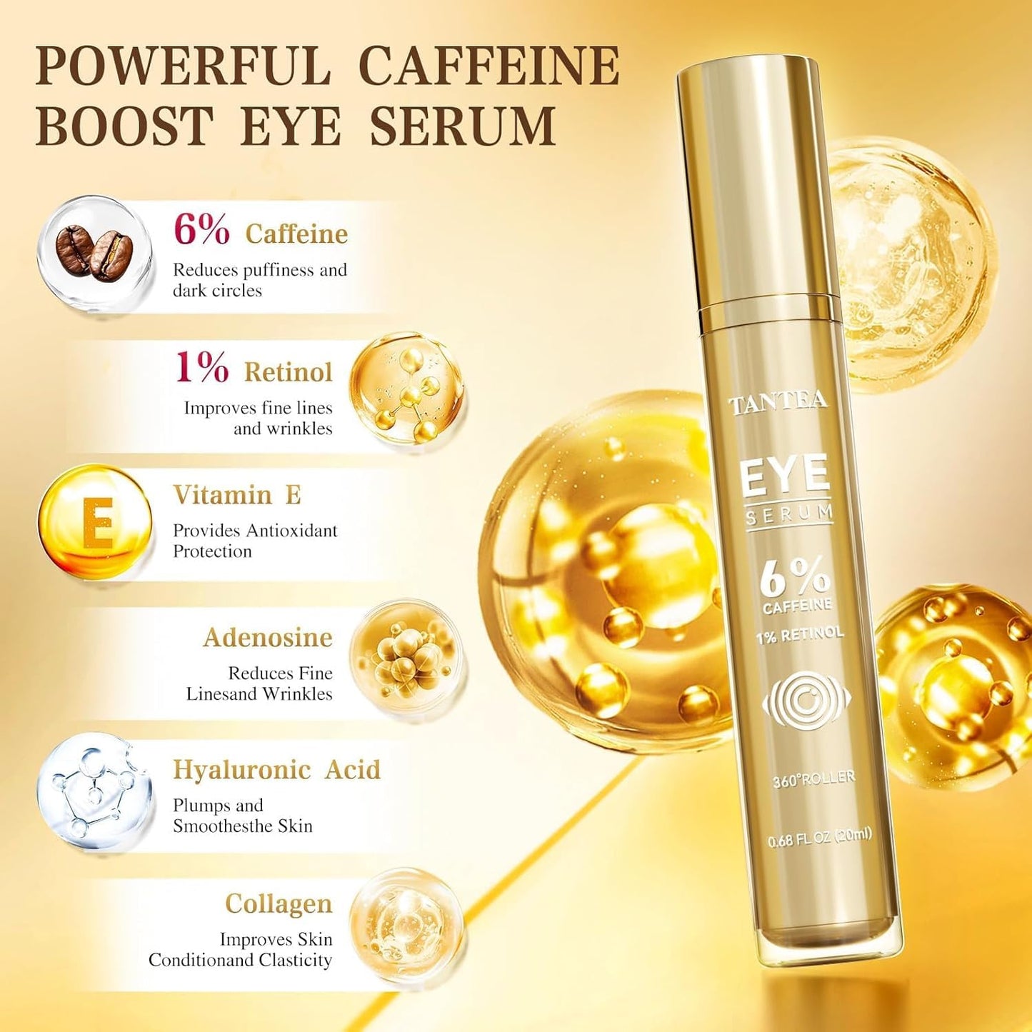 6% Caffeine Eye Cream for Dark Circles & Puffiness, 1% Retinol Eye Serum for Under Eyes Bags, Anti-Aging Eyes Cream for Men and Women