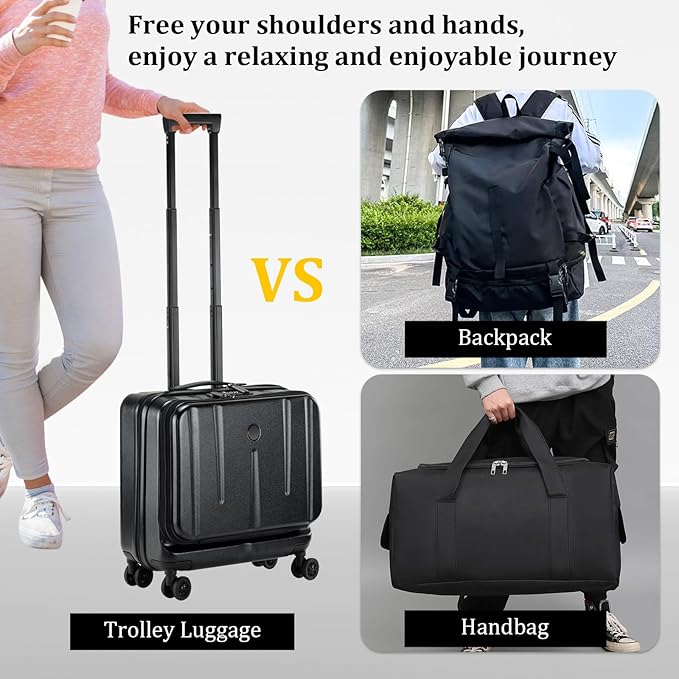16 Inch Carry On Luggage with 2 Compartments for 14” & 15” Laptop, 16.14*8*17.12” Rolling Briefcase, Lightweight Hardshell ABS+PC Suitcase with Spinner Silent Wheels, for Business Trip, Black