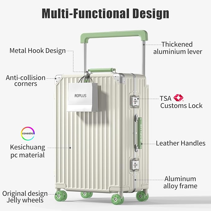Aluminium Frame Carry on Luggage with Smooth Jelly Wheels, Hardside Zipperless Rolling Suitcase with TSA Lock (White, 21-Inch)