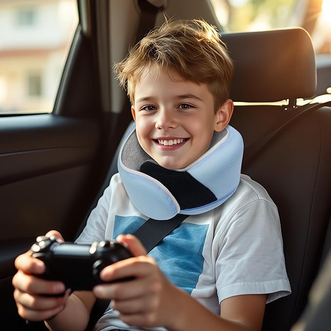 Junior Kids Travel Neck Pillow - Ergonomic Memory Foam Pillow for Airplane, Car, Booster Seat - Soft, Washable, Compact Travel Pillow with Strap - Light Blue - Ages 4–13