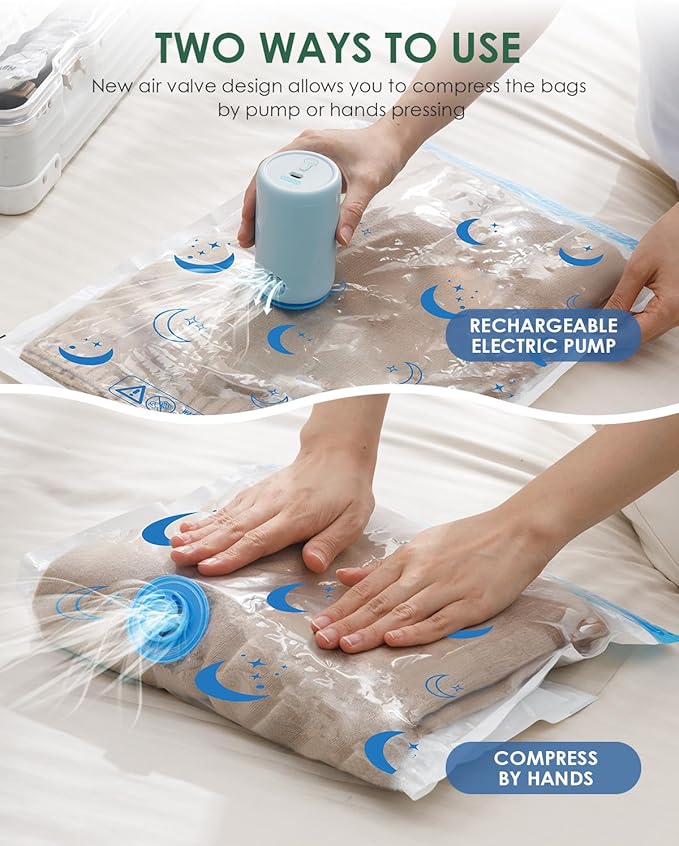 Vacuum Storage Bags with Electric Pump, 12 Pack Vacuum Sealed Bag with 1500mAh Rechargeable Battery for Clothes, Blanket, Duvets, Pillows, Comforters, Travel