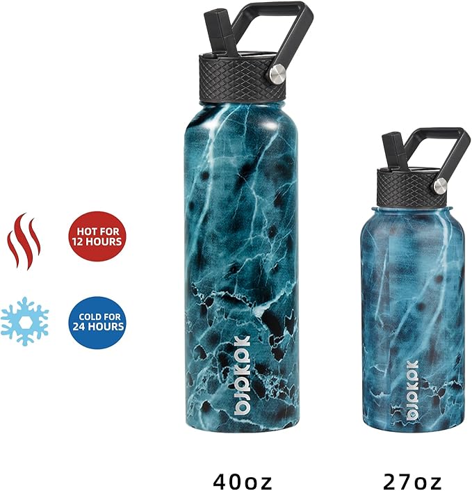 BJPKPK Insulated Water Bottles with Straw Lid, 27oz Stainless Steel Water Bottle with 3 Lids, Leak Proof BPA Free Metal Thermo, Mugs, Tumblers, Keep Cold Hot -Ocean