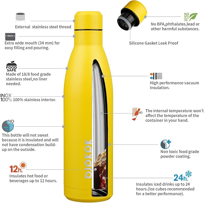 BJPKPK 25oz Insulated Water Bottle Double Wall Vacuum Insulated Stainless Steel Water Bottles for Spots Keep Cold and Hot,Yellow