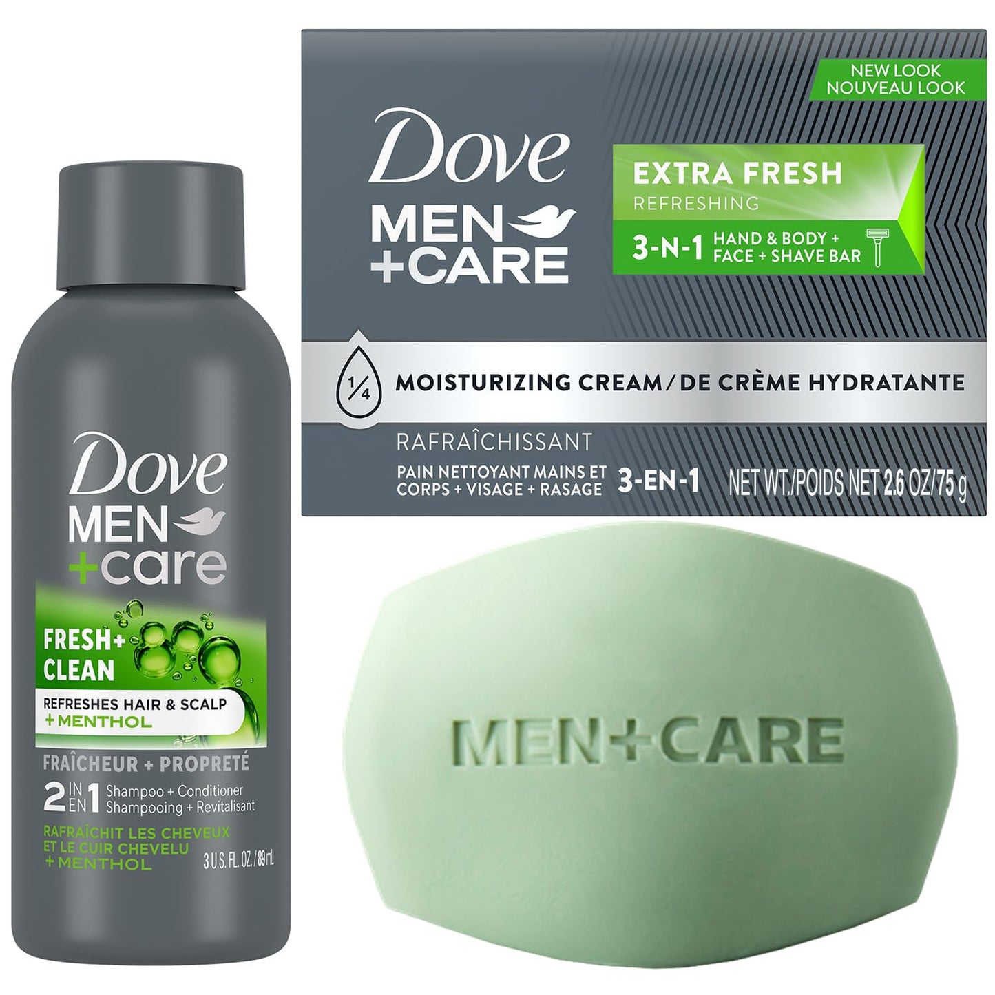 Dove Men+Care Bar Soap and Travel Shampoo Set – Extra Fresh 3-in-1 Cleansing Bar & Fresh + Clean 2-in-1 Shampoo and Conditioner (2 Piece Set)