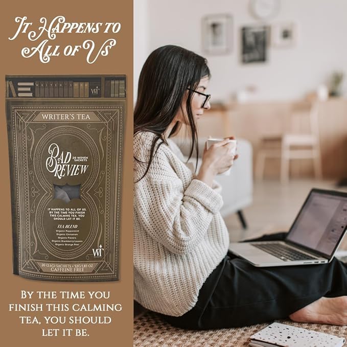 Writer's Tea Bad Review - Calming Tea - Peppermint, Cinnamon, Flavors, Blackberry Leaves, and Orange Peel Tea Blend - Caffeine Free - 20 Woven Sachets