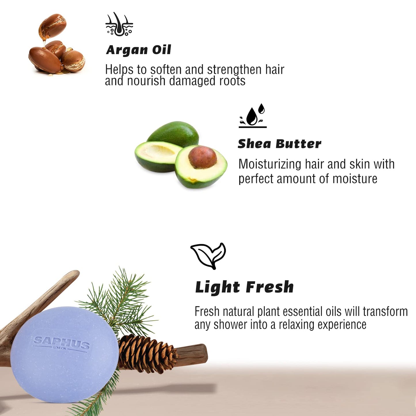 SAPHUS 3-in-1 Shampoo Bars for Hair, Body, Face & Beard | Acidified Bar Soap Moisturizing & Cleansing Bar for Men, Women, Kids | pH Balanced, Sulfate-Free, 1 Pack