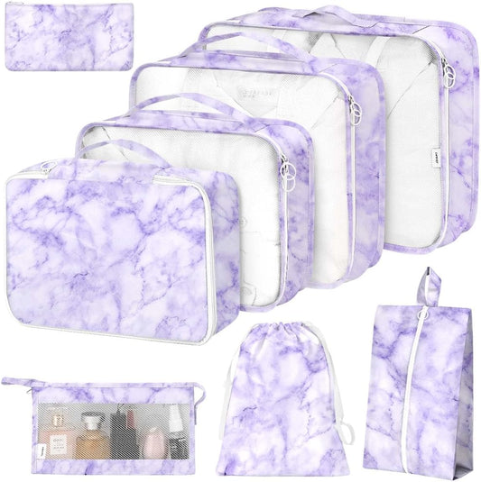 8 Set Packing Cubes for Suitcases,Packing Cubes with Shoe,Cosmetics,Clothing,Accessories Bags for Travel Luggage Organizer Women Men(Purple Marble)
