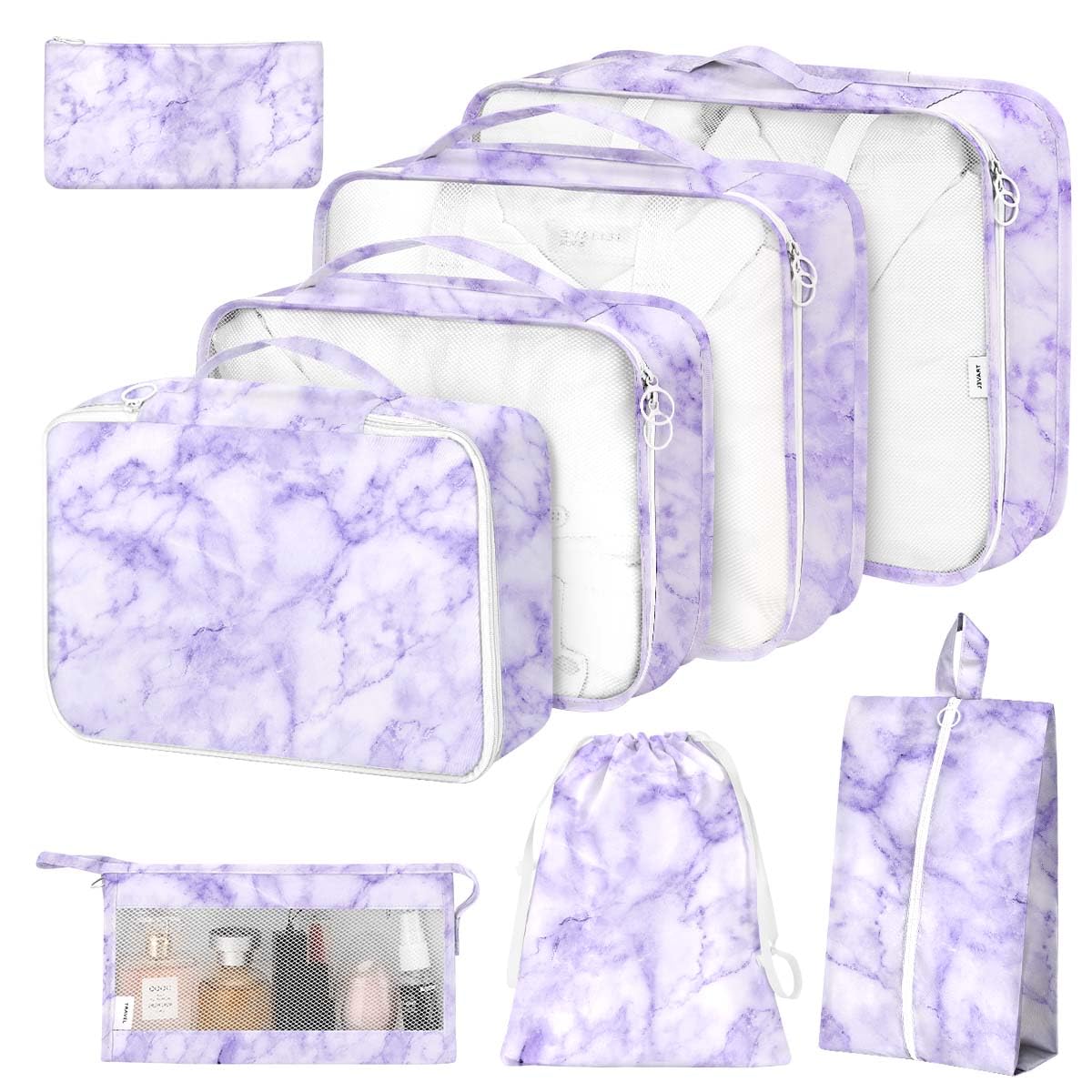 8 Set Packing Cubes for Suitcases,Packing Cubes with Shoe,Cosmetics,Clothing,Accessories Bags for Travel Luggage Organizer Women Men(Purple Marble)
