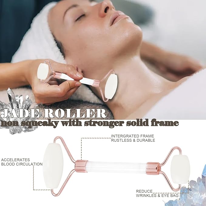 Jade roller and gua sha, facial roller, women's skincare tool, self-care gift, face, eye, neck massager, relieves fine lines and wrinkles, aventurine, opal, rose quartz