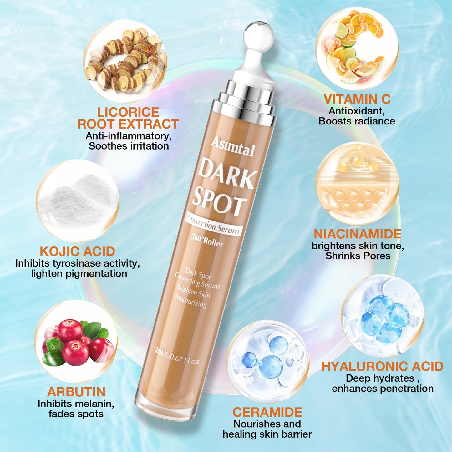 Asumtal Dark Spot Remover For Face Skin Care Serum, Age Brown Sun Freckles Spot Remover, Dark Spot Corrector For Face with Massage Roller (0.67 Fl Oz)