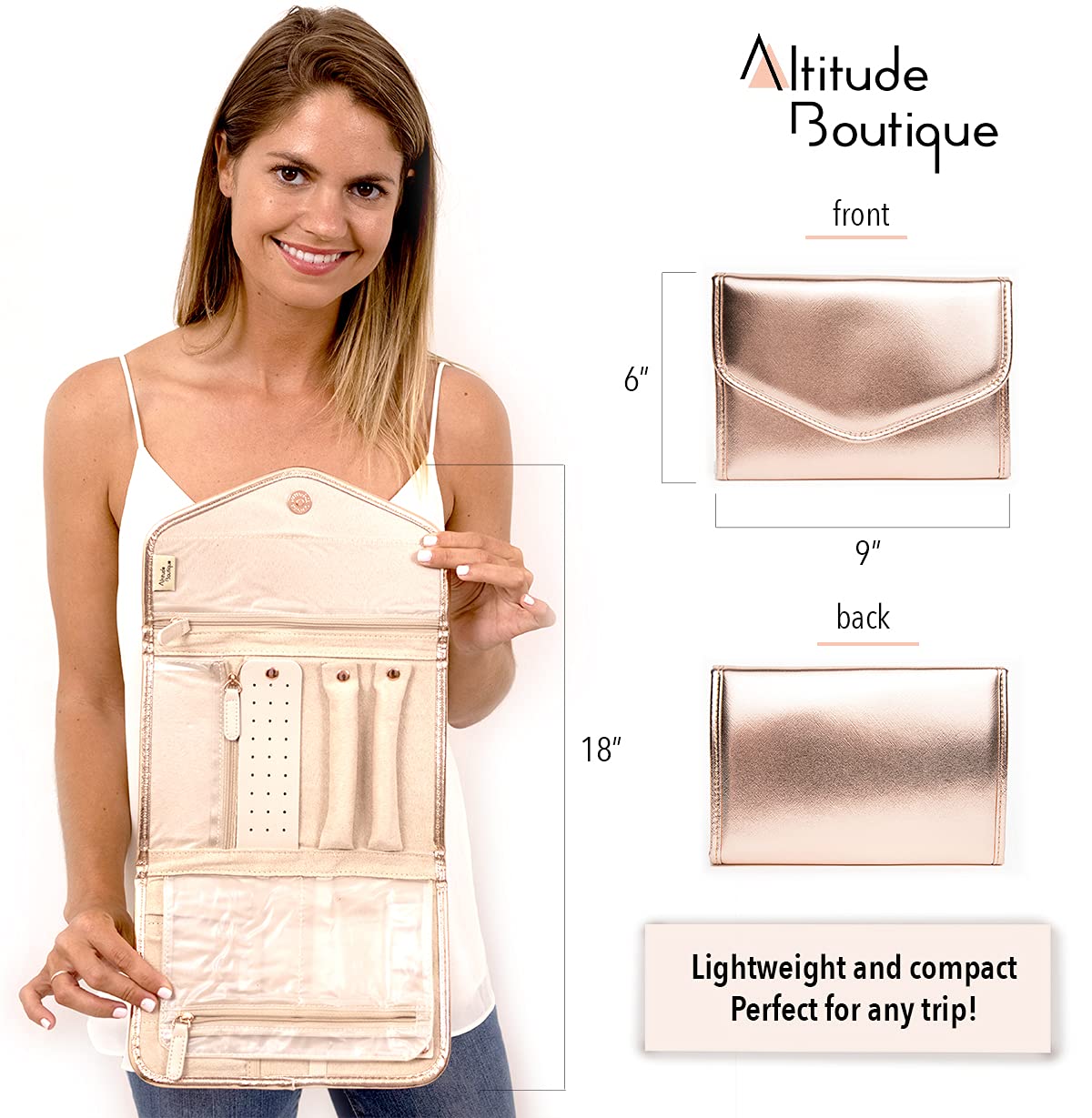 Altitude Boutique Travel Jewelry Organizer Roll Foldable Jewelry Case for Journey Packing Vacation-Rings, Necklaces, Bracelets, Earrings (Rose Gold, Medium)