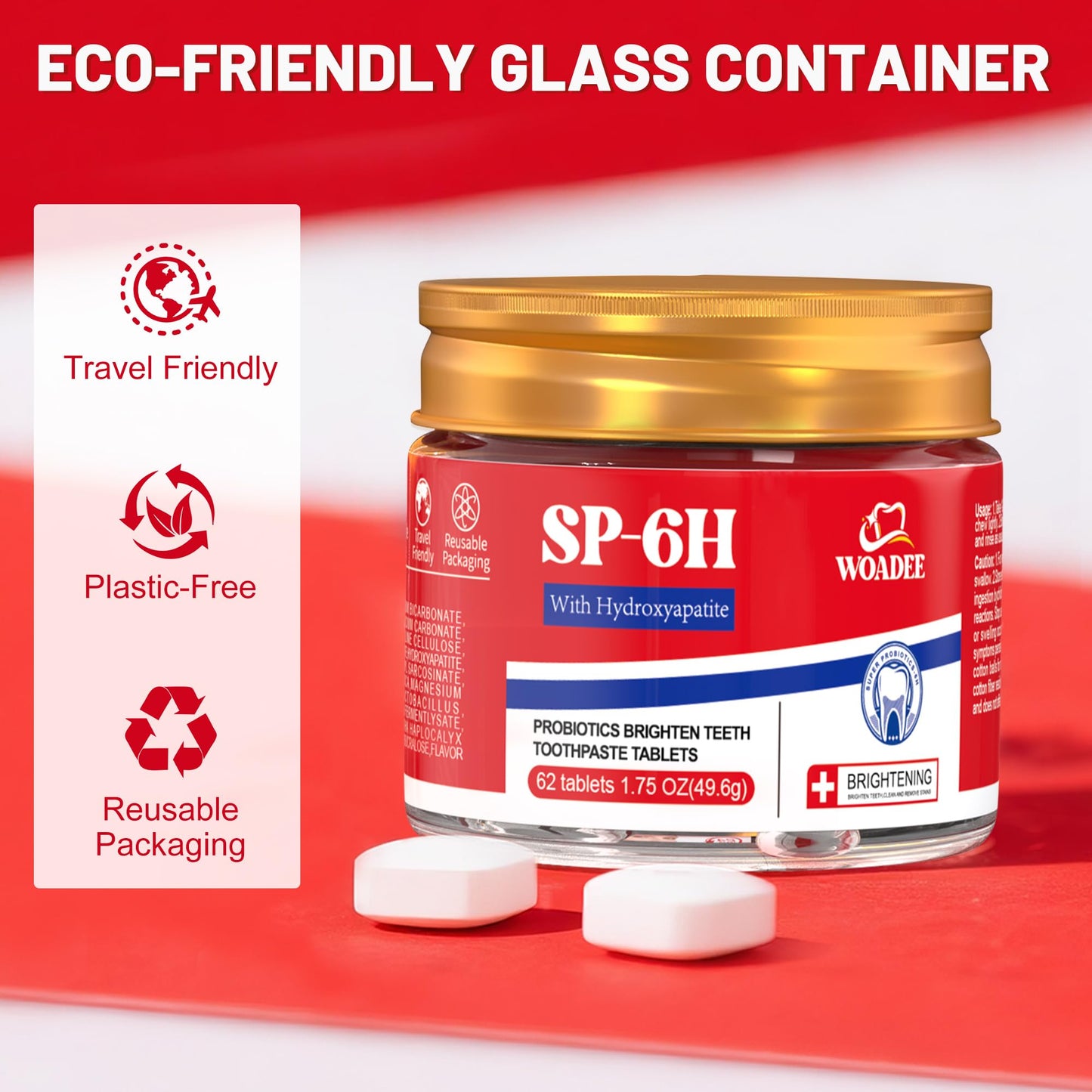 SP-6 Probiotics & Hydroxyapatite Toothpaste Tablets - Remineralizing Enamel Repair, Fluoride-Free Whitening, Mint Fresh Travel Tabs (62 Count)