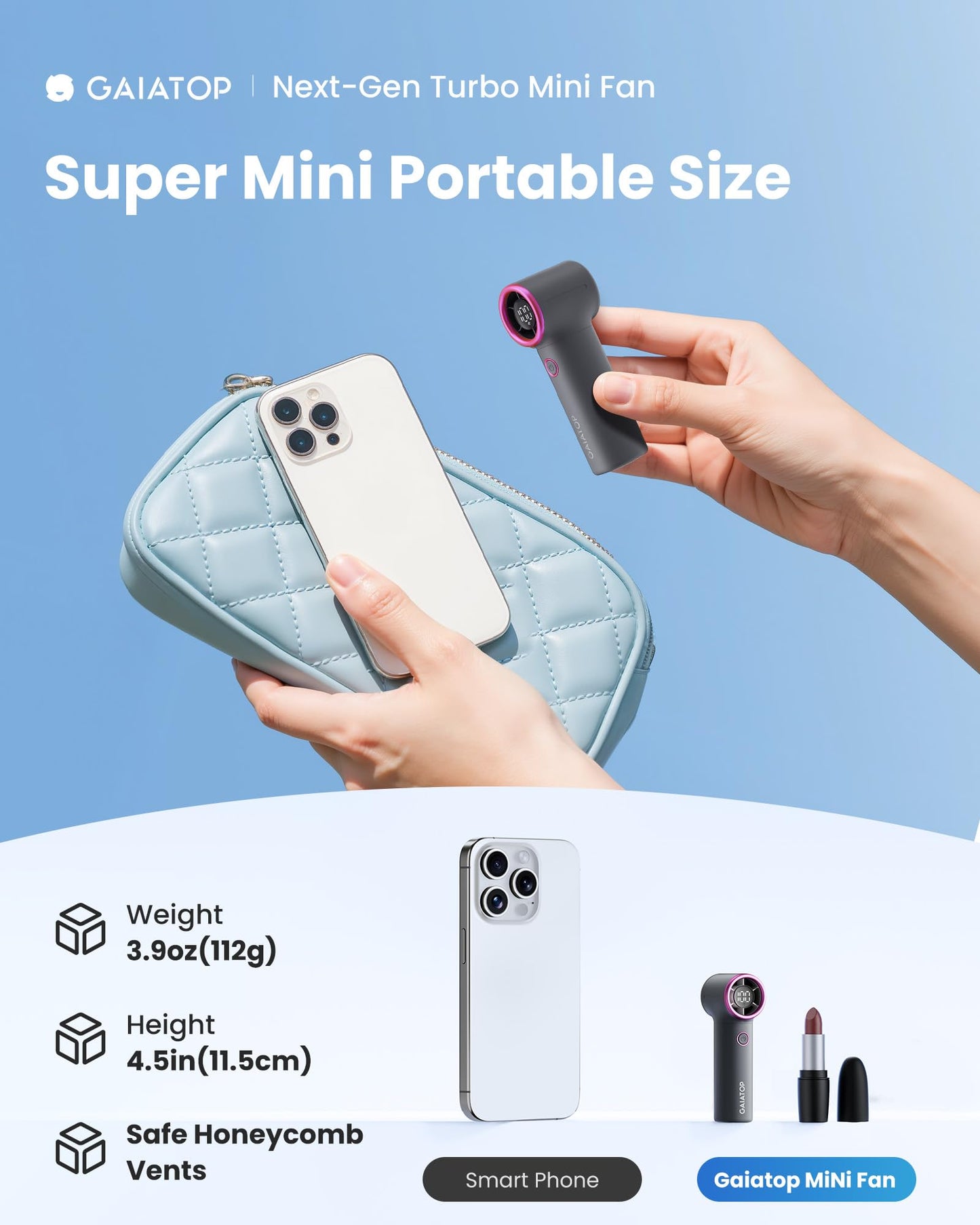 Gaiatop Mini Portable Handheld Fan, 4000mAh [15h Max Runtime] Personal Turbo Fans Pocket Size, High Speed 1-100 Adjustable Small Hand Fan, Outdoor Travel Concert Essentials, Gifts for Women Men, Gray