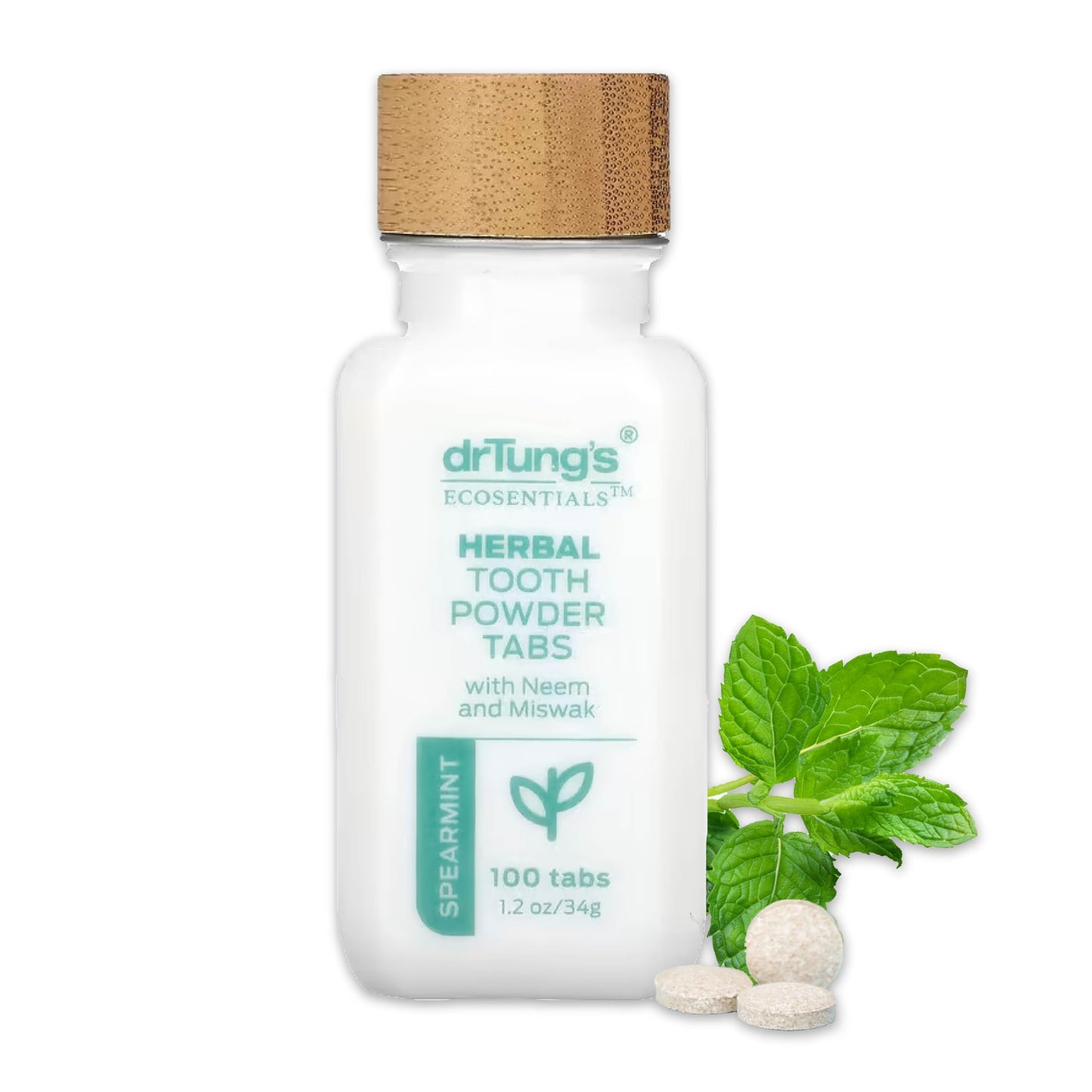 drTung's Herbal Toothpaste Tablets - Toothpaste Tabs for Dry Mouth Relief, Natural Tooth Powder Tablets for Fresh Breath, Fluoride Free, Travel Size, Vegan, Non-GMO - Spearmint (100 Tabs)