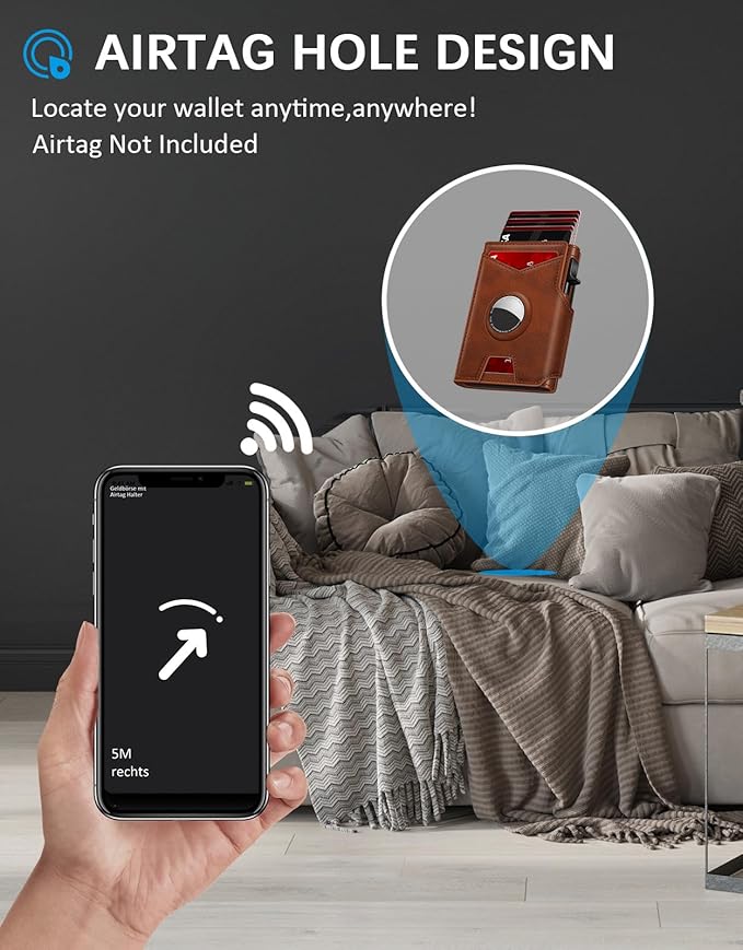 Airtag Wallet for Men, Minimalist Slim Mens Wallet Smart Pop Up Credit Card Holder for 9-13 Cards, RFID Blocking Wallet with ID Window & Cash Slot, Compact Bifold Metal Aluminum Card Case