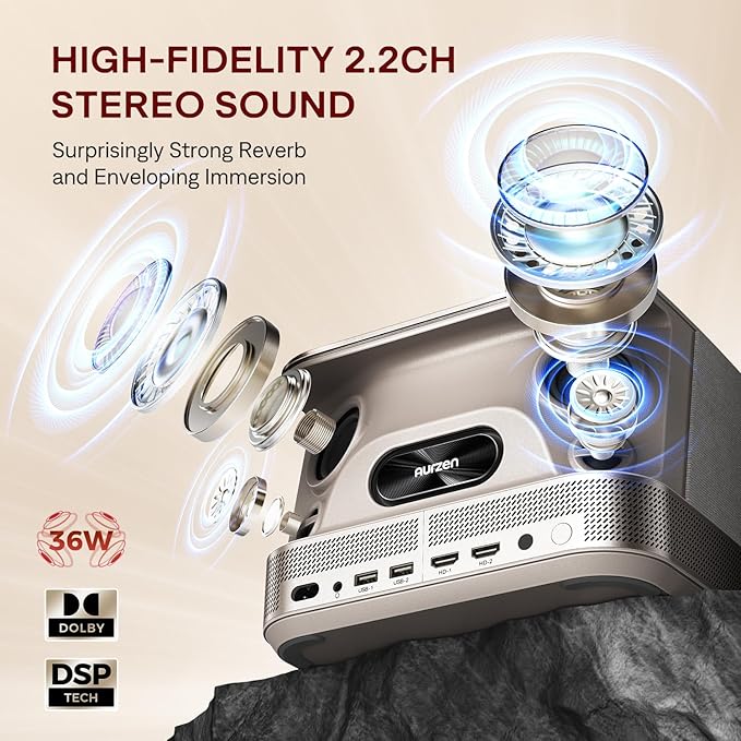 3-in-1 Outdoor Projector 4K Supported, AURZEN BOOM 3 Smart Projector with WiFi and Bluetooth, 3D DoIby Audio & 36W Speakers, Auto Focus & Keystone, Netflix Official 500 ANSI Home proyector, Gold