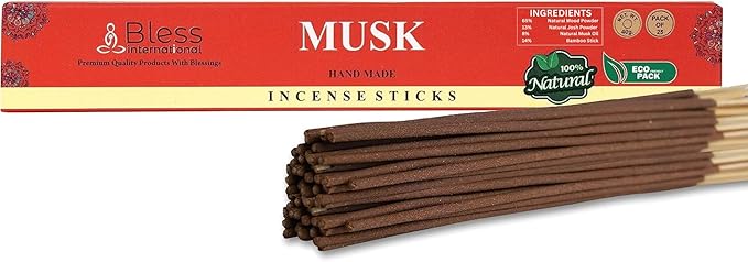 Bless-Musk 100%-Natural-Handmade-Hand-Dipped-Incense-Sticks Organic-Chemicals-Charcoal-Free Purification-Relaxation-Positivity-Yoga-Meditation Best-Woods-Scent (25 Sticks (1.4 OZ))