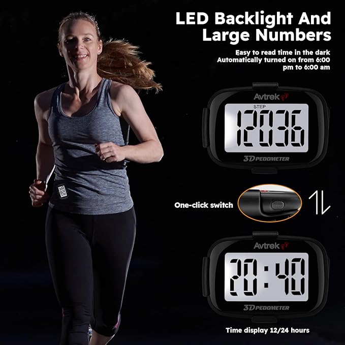 3D Step Counter Clip On with LED Backlight Pocket Pedometer for Walking Outdoor Activities Fitness Tracker Without Smartphone