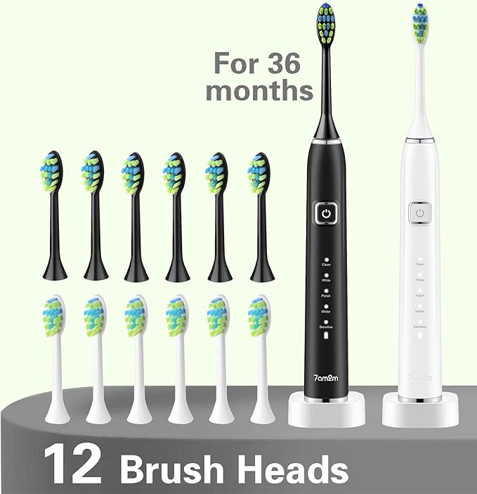 7AM2M Sonic Electric Toothbrush with 6 Brush Heads for Adults and Kids, One Charge for 90 Days, Wireless Fast Charge, 5 Modes with 2 Minutes Built in Smart Timer, Electric Toothbrushes (Black&White)