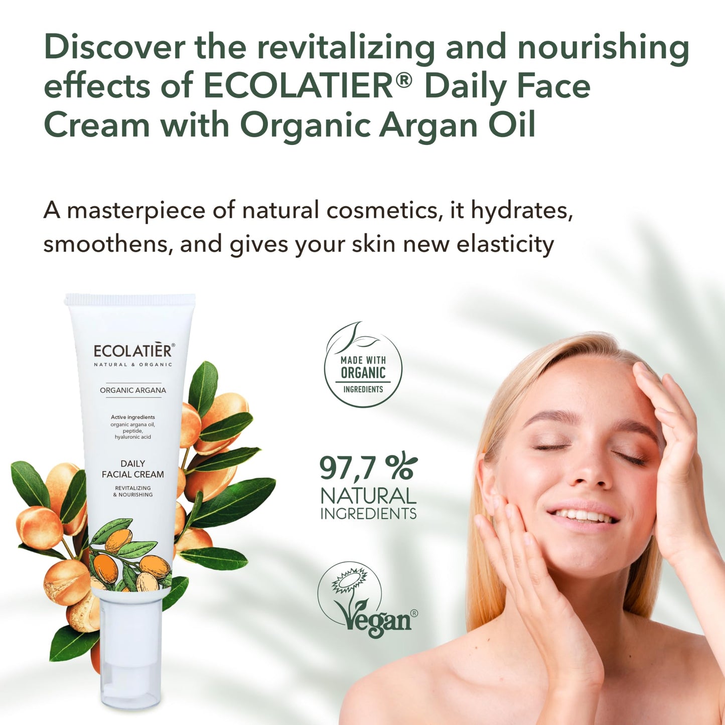 Daily Face Cream with Organic Argan Oil – Revitalizing & Nourishing, Moisturizer with Hyaluronic Acid & Vitamin E, Vegan, 97.2% Natural Ingredients, 1.7 Fl Oz - ECOLATIER