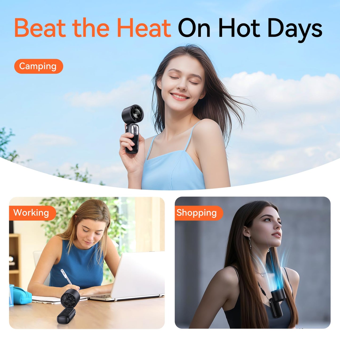 KIMMOO 3-in-1 Portable Handheld Turbo Fan-100 Speeds, 15000 RPM, 10Hrs Cooling, LED Display, 90° Rotation, USB Rechargeable Battery Powered, Mini Foldable Hand Held Personal Fan for Women Men (Black)