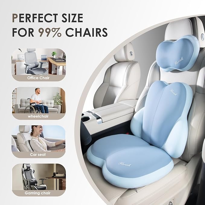 FLORICH 3 PCS Seat Cushion for Carseat Lumbar Support Pillow Car Neck Headrest Pillows Ultrathick Memory Foam Seat Pads Pressure Relief Back Cushion for Office Chair(Blue)