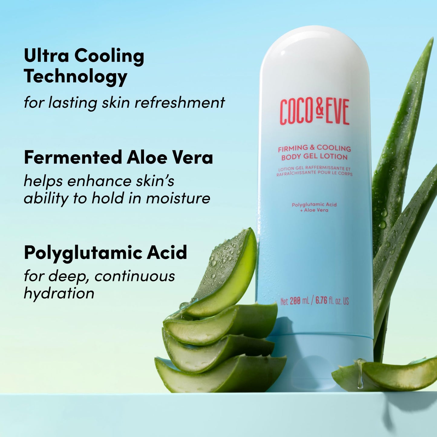 Coco & Eve Firming & Cooling Body Gel Lotion — Aftersun Care with Aloe Vera, Polyglutamic Acid for Sunburn Relief, Hydration & Skin Recovery. Soothing Moisturiser for Sun-irritated Skin. (6.76 fl oz)