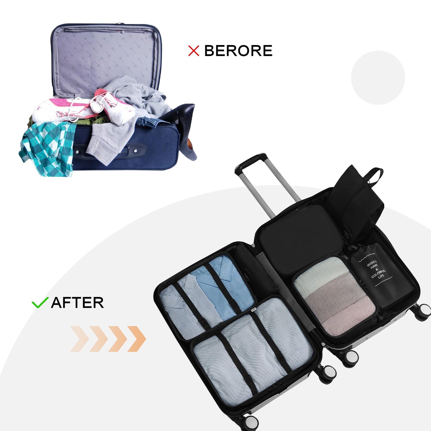 Vercord 8 Set Travel Packing Cubes Luggage Organizers Cubes for Suitacse With Toiletry Bag Black