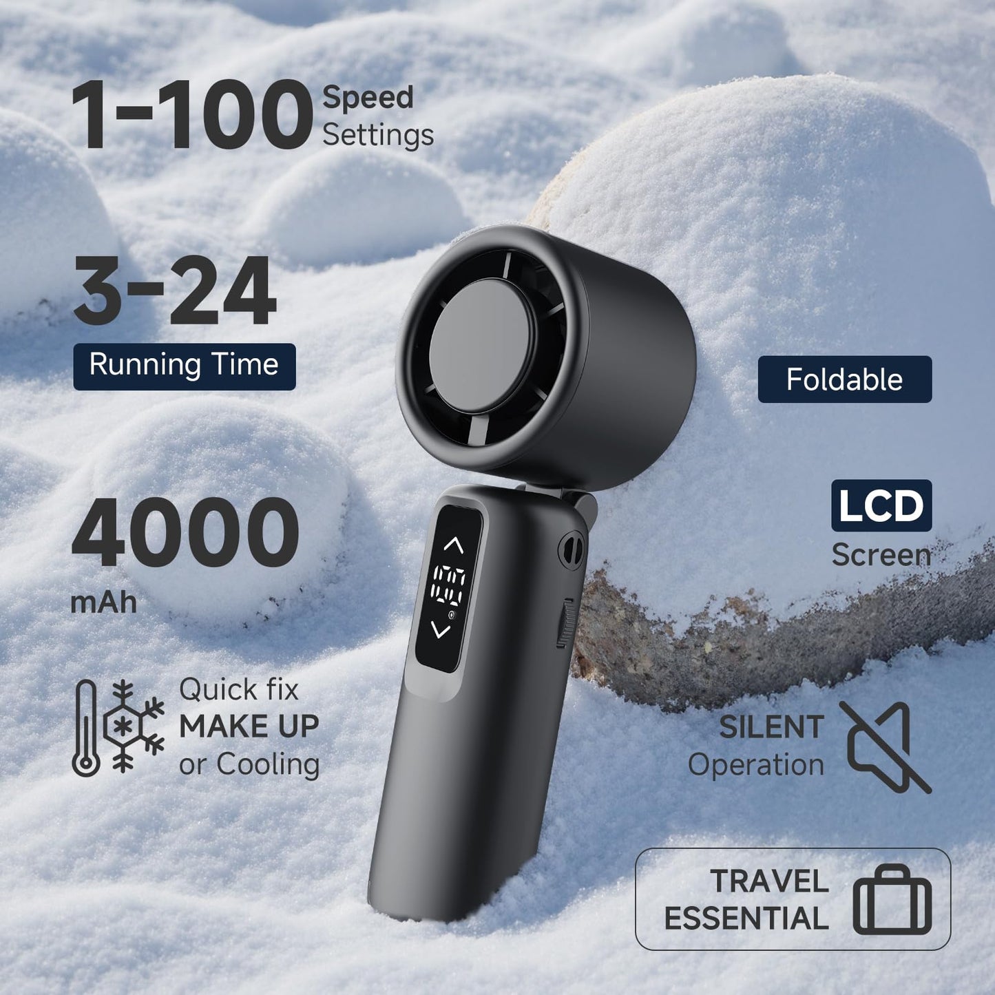 Portable Handheld Turbo Fan, 1-100 Gear Wind, Battery Operated, Up to 23 Working Hours, 3 IN 1 Personal Fan with Air Turbo Tech, Cooling Essentials for Indoor/Outdoor