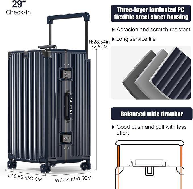 Aluminium Frame Checked-Luggage with Smooth Jelly Wheels, Hardside Zipperless Rolling Suitcase with TSA Lock (Blue, 28-Inch)