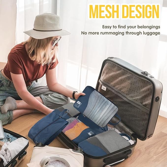 Compression Packing Cubes 8 Set, See-Through Mesh Compression Packing Cubes Travel for Carry on Women/Men, Dual Zipper Packing Bags for Suitcases, Luggage and Backpacks (Navy Blue)