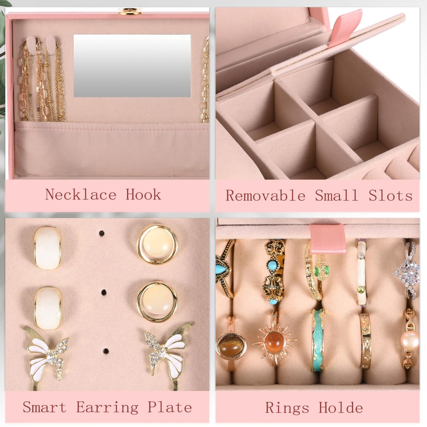 Emazerom PU Leather Travel Jewelry Case Twill Jewelry Organizer Box with Mirror 8.86 x 5.9 x 2.8 Inch Premium Portable Earrings Necklace Ring Storage Holder Display Gift (Pink)
