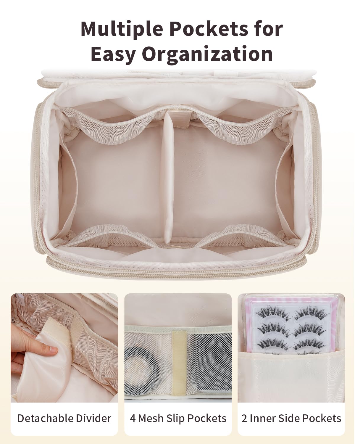 WANDF Travel Toiletry Bag for Women, Wide-open Large Makeup Bag with Handle, Puffy Makeup Organizer for Toiletries, Cosmetics, Accessories, Essentials (Light Khaki)