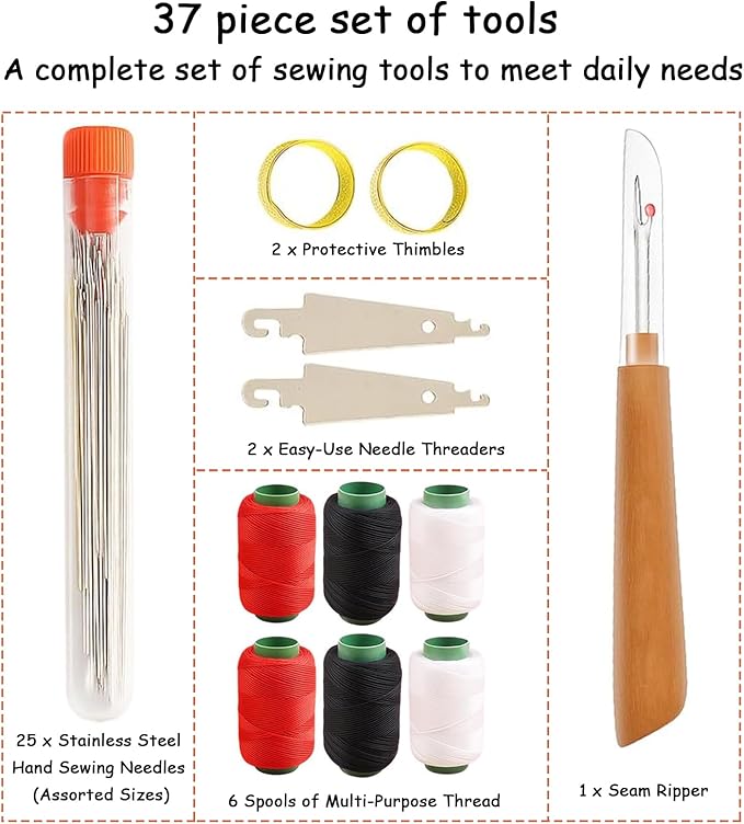 37PCS Sewing Tool Set,Needles Thread Hand Repair Tools,Complete Needle and Thread Kit for Hand Sewing,Portable DIY Sewing Tool Set for Beginners and Professional Crafters