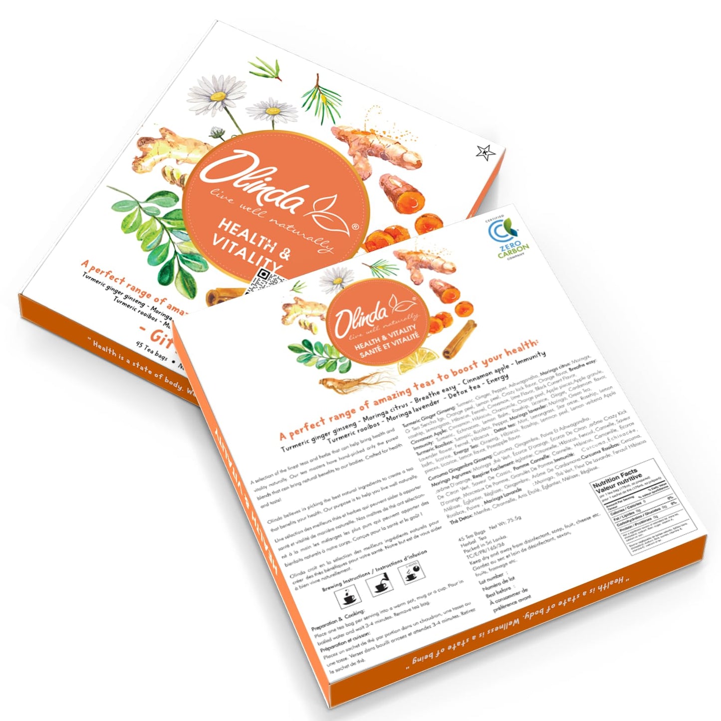 Olinda Health & Vitality Tea Gift Box Tea Samplers Organic Tea Bags Low Caffeine Detox Energy Tea Natural Herbal Gift Set Premium 9 Vareity Pack Individually Wrapped 45 Tea Bags 1 Tea Box Tea Gifts for Women