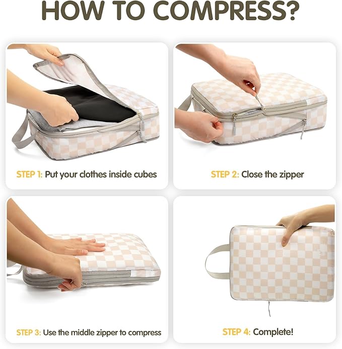 8 Set Compression Packing Cubes Travel, Lightweight Durable Packing Compression Cubes, Accessories Bags Packing Cubes for Travel Luggage Organizer (Khaki Checkered)