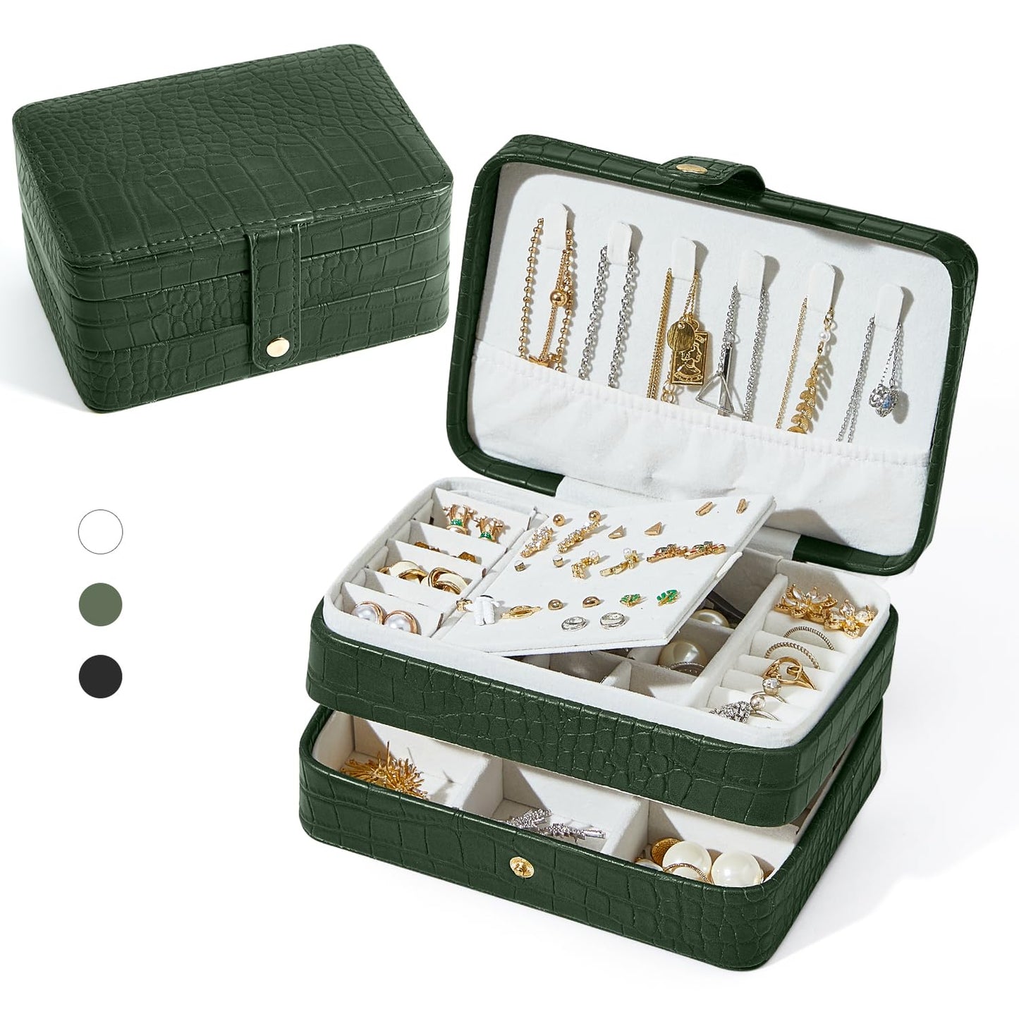 BUTI4WLD PU Leather Travel Jewelry Organizer Case for Women & Girls, 2-Layer Portable Jewelry Box for Earrings, Rings, Necklaces, Bracelets, Compact Jewelry Storage (Green)
