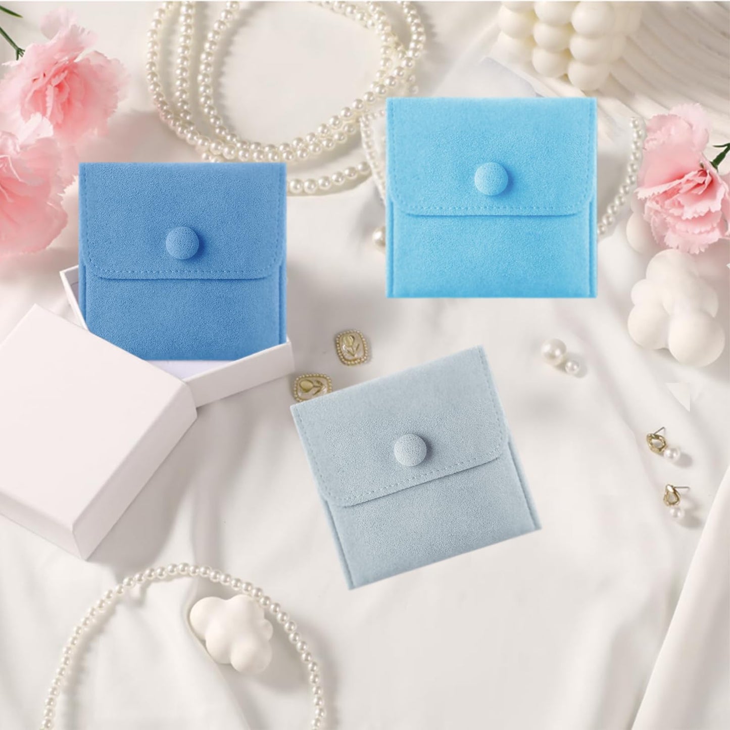 3pcs Small Jewelry Bags Button Jewelry Pouches Jewelry Organizer Cases Jewerly Rolls Small Bags for Jewelry Gift Bags Little Bags for Jewelry Travel Jewelry Pouch, 3"x3", Blue