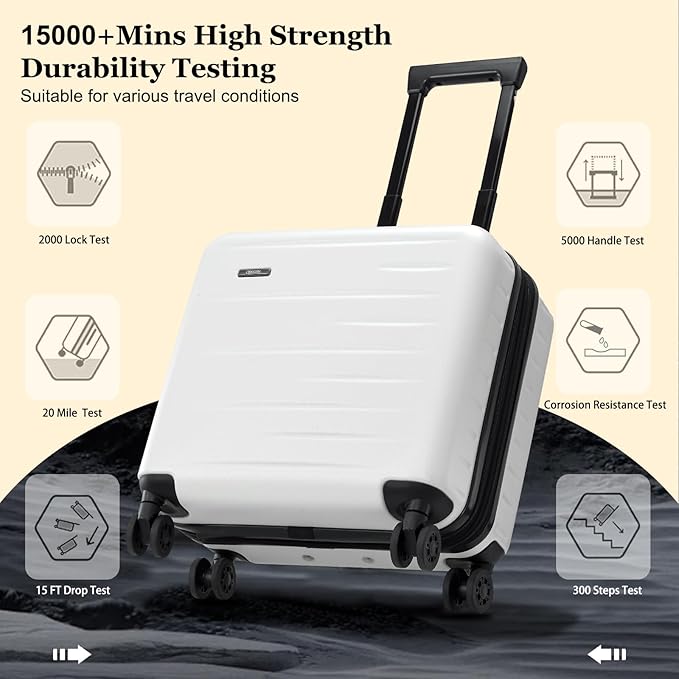 16 Inch Carry On Luggage Airline Approved, Expandable Lightweight ABS+PC Hard Shell Suitcases with 360° Spinner Wheels, TSA Lock, YKK Zippers (White, 1 PC)