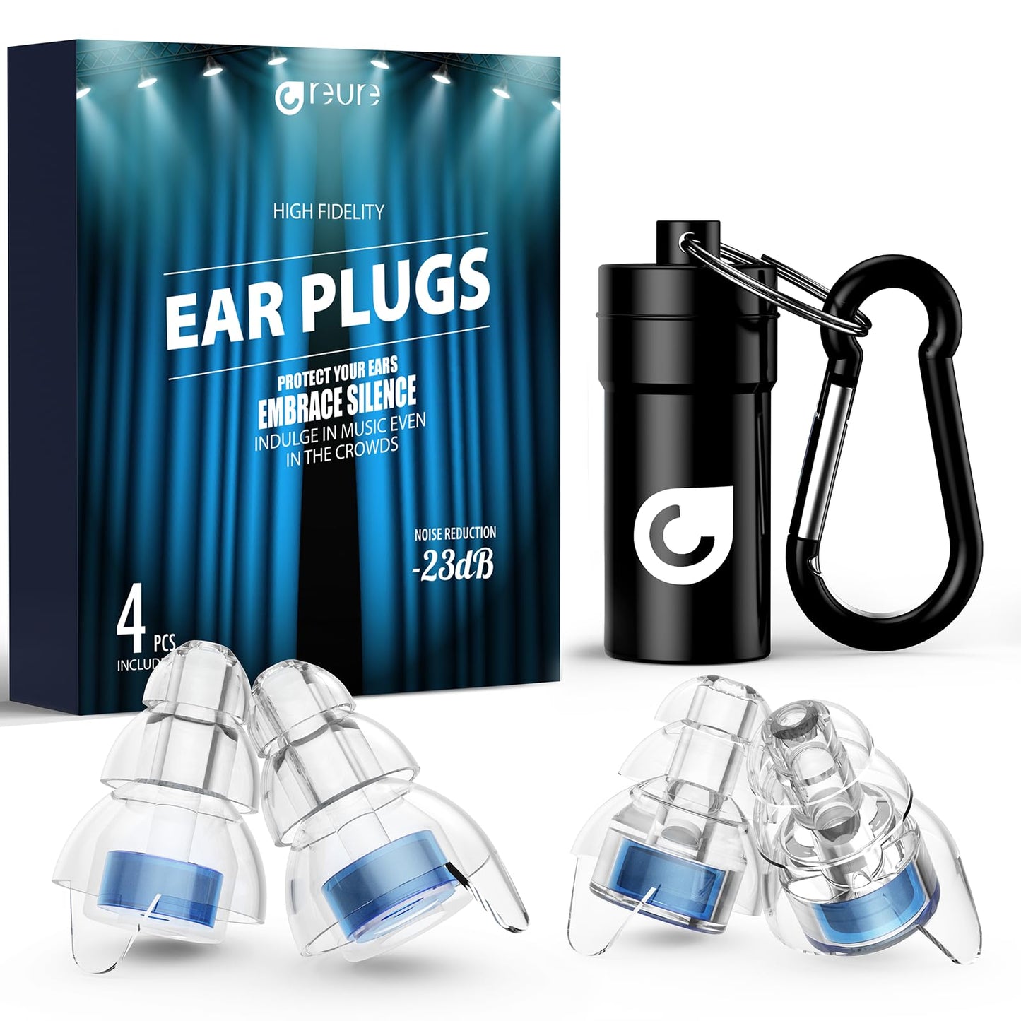 Reure High Fidelity Concert Ear Plugs, Noise Cancelling Silicone Ear Plugs 2 Pairs Great for Concerts Loud Music, Musicians, Motorcycles, Airplanes, Raves, Hearing Protection -23 dB