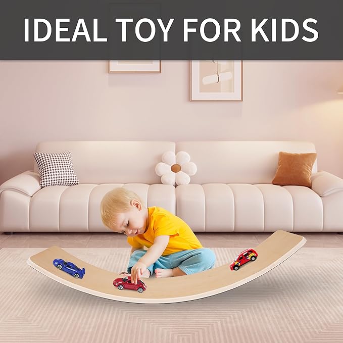 Balance Board, 32 Inch Wooden Wobble Board, Montessori Rocker Yoga Curvy Board Natural Wood, Open Ended Learning Toy, Sensory Play Equipment for Office & Classroom, Multiple Colors