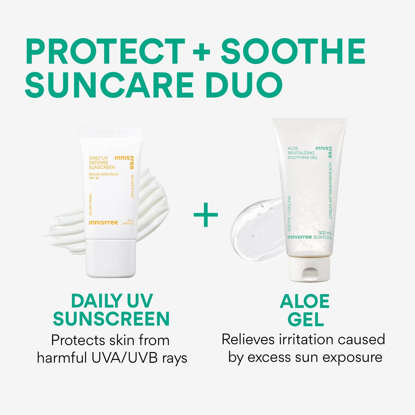 innisfree Daily UV Defense Sunscreen and Aloe Revitalizing Soothing Gel Bundle, Korean SPF and Hydrating Aloe Duo