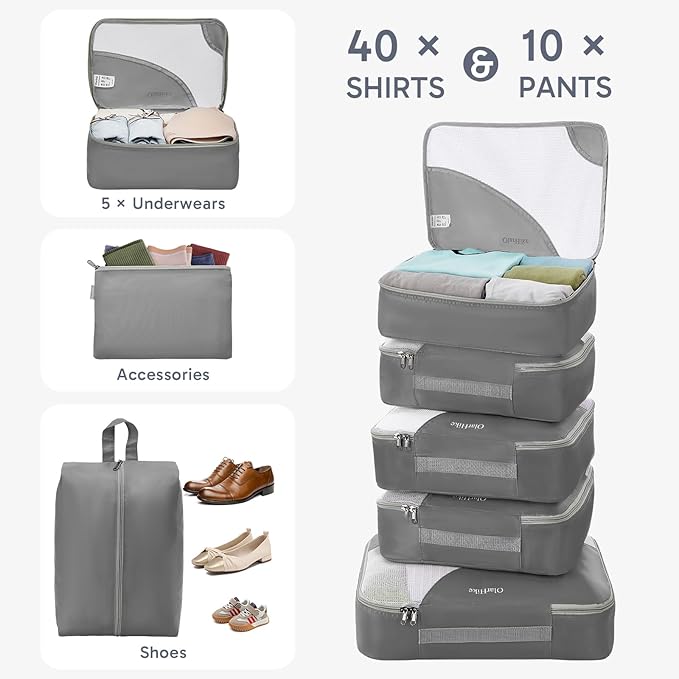 ALL INCLUDED 10 Set Durable Packing Cubes for Suitcases,OlarHike Essentials for Travel, UPGRADED Anti-Tear Stitching, NEW Improved Luggage Packing Organizers for Travel Accessories (Grey)