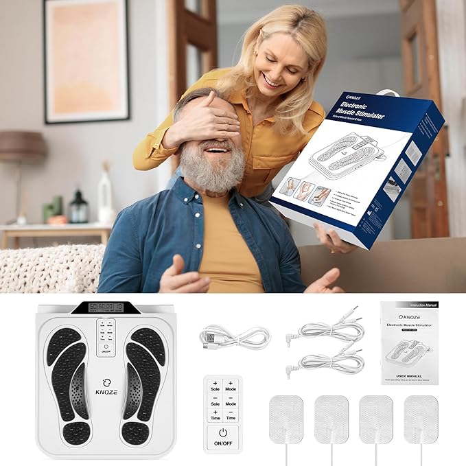 KNQZE EMS Foot Massager for Neuropathy, TENS EMS Foot Nerve Circulation Stimulator for Pain Relief, 10 Modes and 50 Intensities, 4 Body Pads, Relieve Swelling, Cramps, Plantar Fasciitis