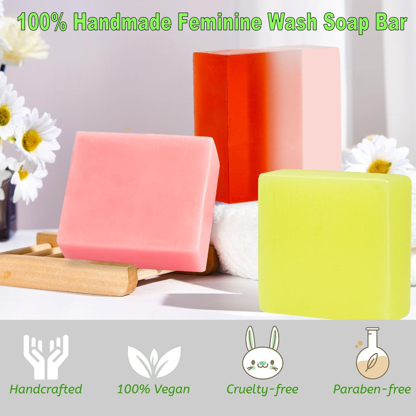 3 Pack Organic Handmade Yoni Soap Bars For Women Ph Balance, Feminine Vaginal Wash V Cleansing Bar Soap for Women, All Natural Soap Bar with Bubble Foam Net, Yoni Wash Away Odor (P+P+S)